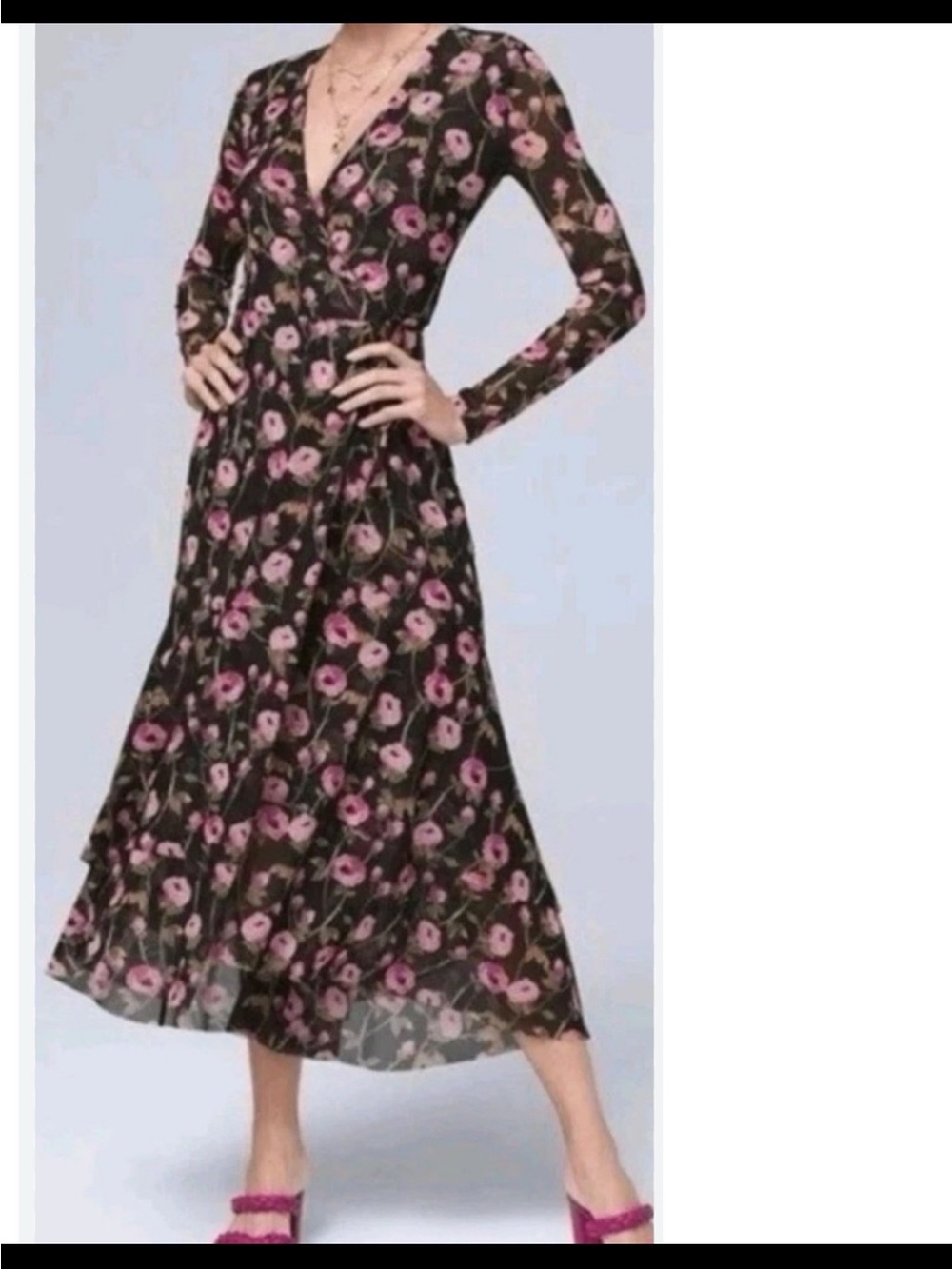 White House Black Market Black Long Sleeve Floral Midi Dress with Pink Blooms